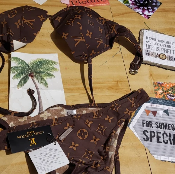 Inspired By L.V. Monogram Brown Bikini - Picture 1 of 2